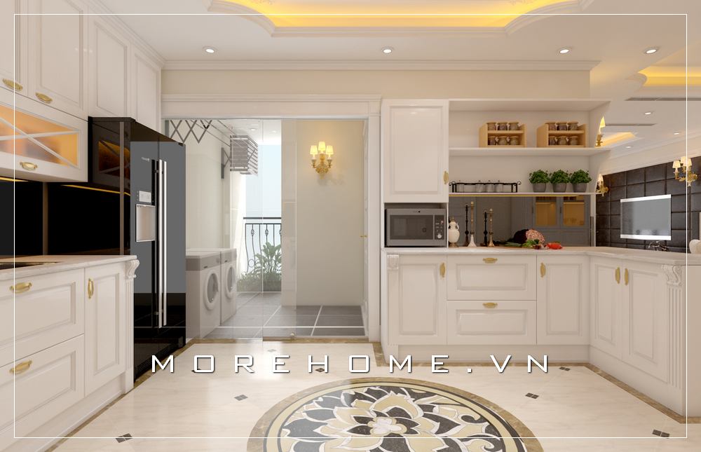Thiết kế nội thất phòng bếp tân cổ điển tone màu trắng sang trọng cho nhà chung cư